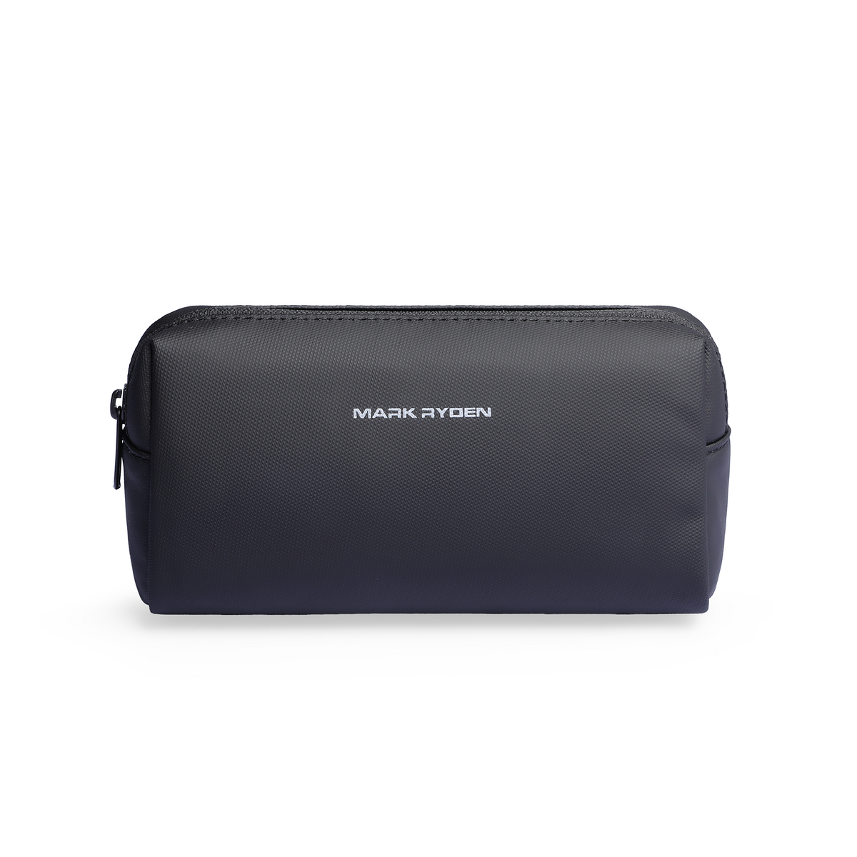 Dark gray portable large capacity traveling toiletries bag with zippered closure and Mark Ryden logo, ideal for organized travel essentials.