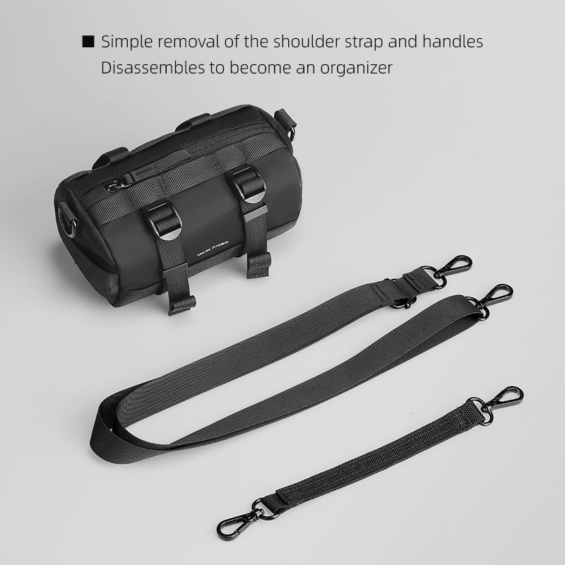 MarkRyden Global black cylinder crossbody bag with removable straps, disassembles into organizer