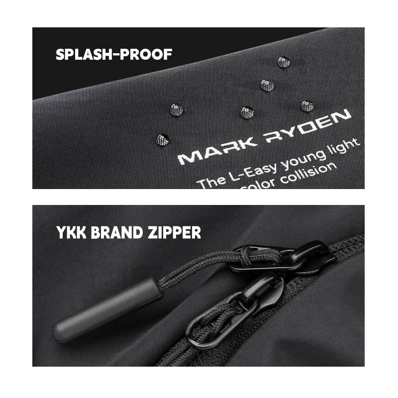 ChillFlex Everyday Sling Bag by Mark Ryden: splash-proof black fabric with water droplets and YKK brand zipper with black cord