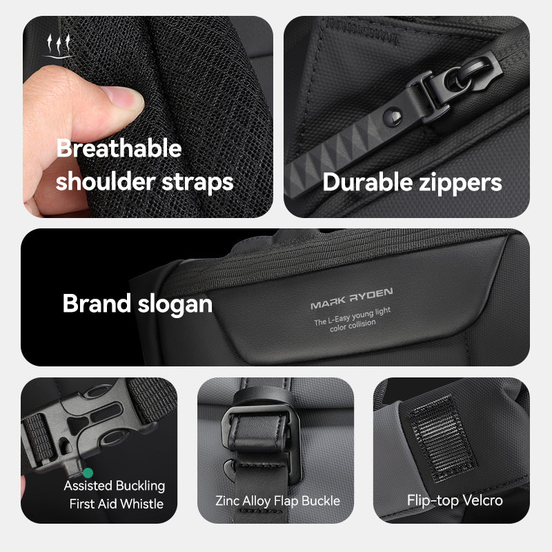 black DynaPack sleek multi-compartment laptop bag with breathable shoulder straps, durable zippers, assisted buckling, first aid whistle, zinc alloy buckle, and flip-top Velcro