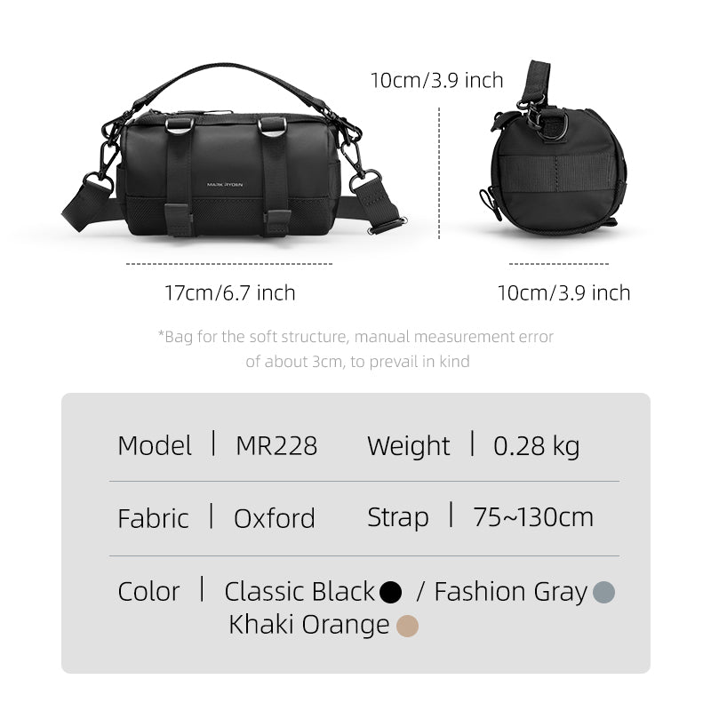 Mark Ryden MotoBarrel black cylinder crossbody bag w/ dimensions, oxford fabric, 75-130cm strap