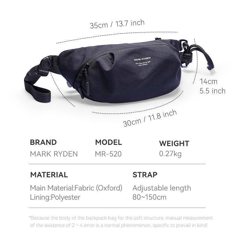 Dark blue Mark Ryden ChillFlex everyday sling bag with adjustable strap, Oxford fabric, 35x30x14cm dimensions.
