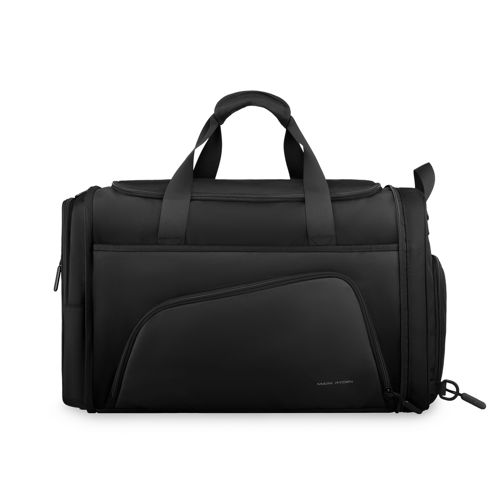 MarkRydenGlobal black travel gym bag with multiple compartments and handles (115 characters) - This captures the key visual elements (black color, multiple compartments, handles), includes the brand name, and relates to the store's focus on travel essentials. The description is concise yet informative about the product shown.