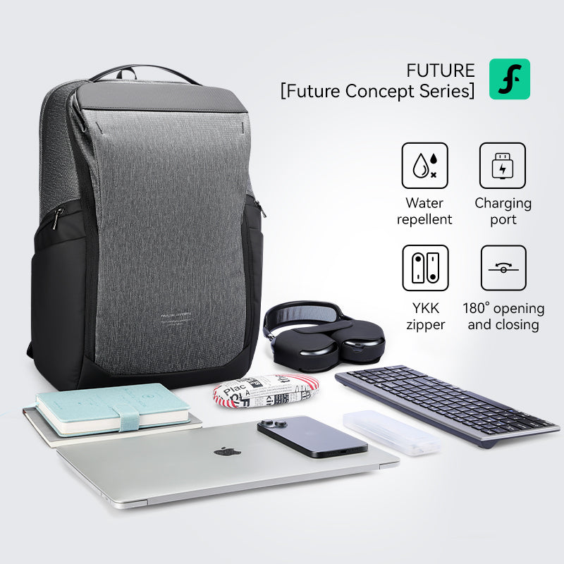 MarkRyden Global Future Series gray anti-theft backpack w/water repelling, charging port daily use