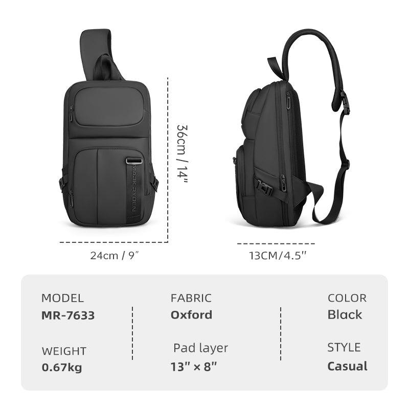 Black waterproof crossbody bag by Mark Ryden Global, large capacity commuter bag