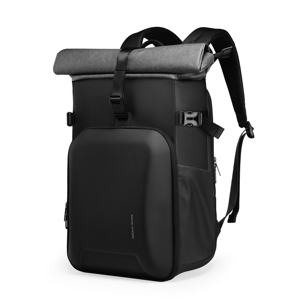 Mark Ryden black and gray large-capacity camera backpack with roll-top closure, multiple zippered compartments, and padded shoulder straps.