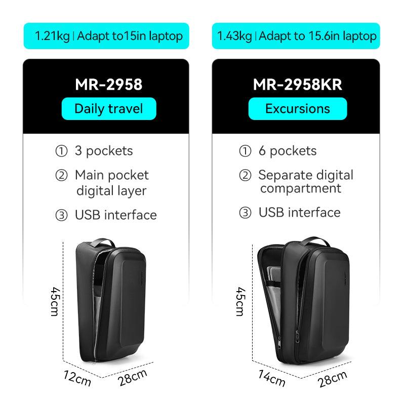 MARK RYDEN Global GuardianShell MR-2958 daily travel backpack w/3 pockets, USB interface | MR-2958KR excursions model w/6 pockets