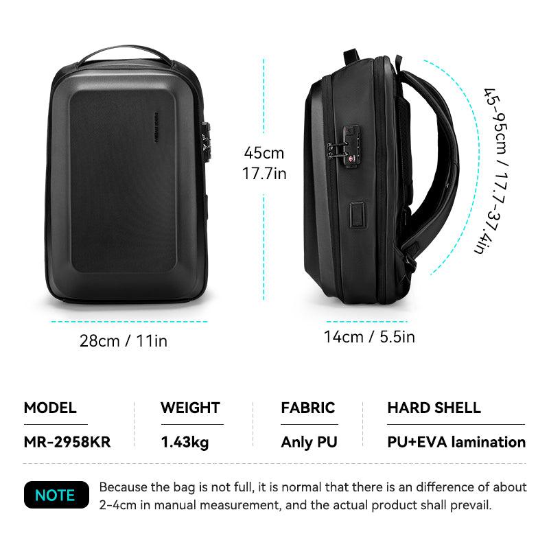 Black GuardianShell Secure Hardshell Backpack with front and side views, featuring PU+EVA hard shell, Anly PU fabric, dimensions 28cm x 45cm x 14cm, adjustable straps (45-95cm), and anti-theft design.