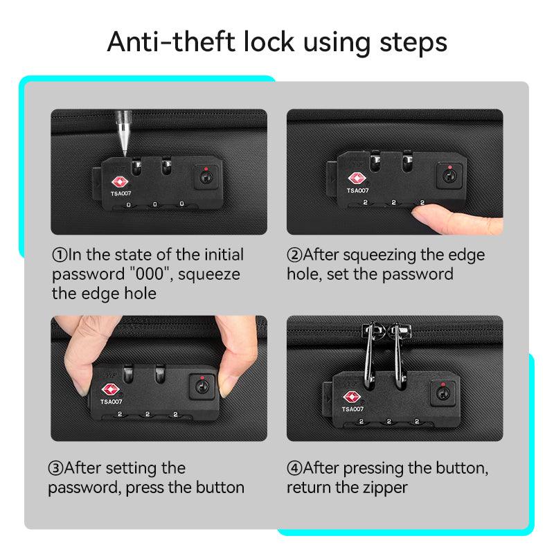 Anti-theft lock setup steps on black GuardianShell hardshell backpack with TSA007 lock