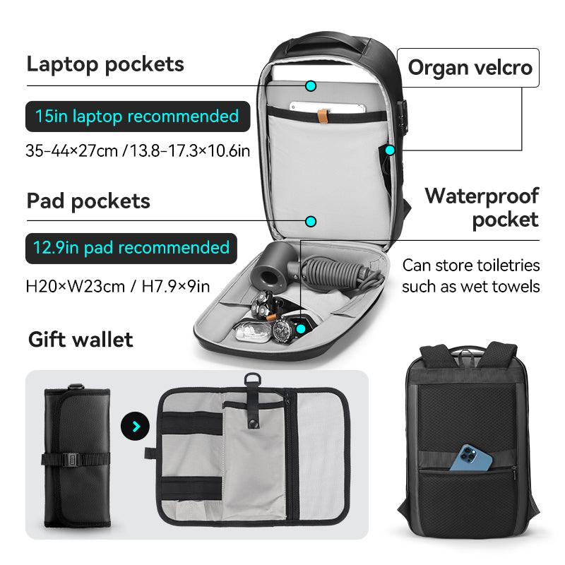 Black hardshell backpack with waterproof, laptop & pad pockets - MARK RYDEN Global anti-theft travel bag