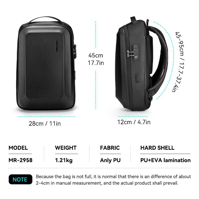 Black MARK RYDEN GuardianShell Secure Hardshell Backpack with front and side views, 28cm x 45cm x 12cm dimensions, anti-theft lock, adjustable straps (45-95cm), Anly PU fabric, PU+EVA hard shell.