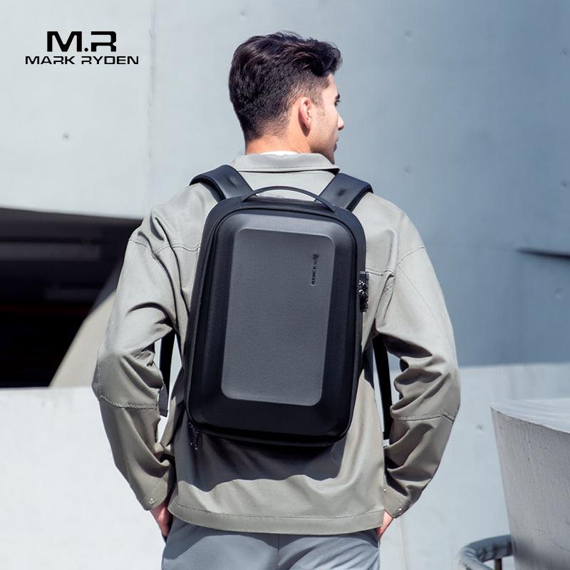 Man wearing Mark Ryden GuardianShell secure hardshell backpack in urban setting