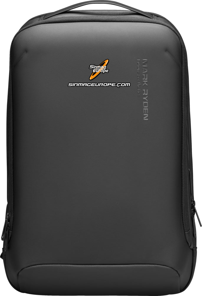 Mark Ryden Global black anti-theft backpack customization with Sinmag Europe branding