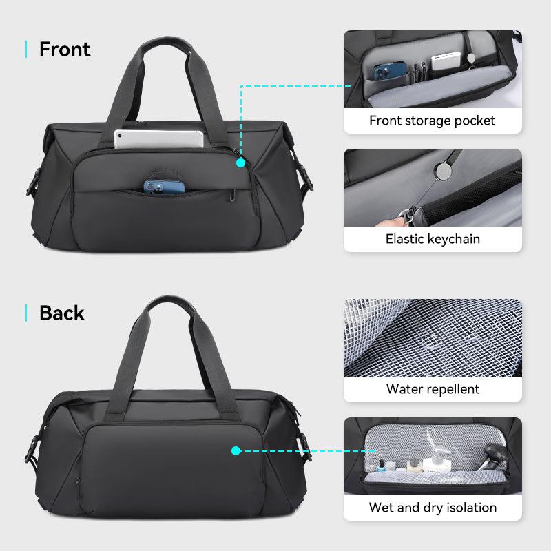 MARK RYDEN Global JourneyFlex black anti-theft travel bag with front storage pocket, water-repellent back, and wet-dry compartment