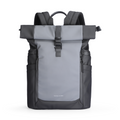 Gray and black sleek multi-compartment laptop backpack with roll-top closure, buckle, side zip pockets, and dynamic design by MARK RYDEN