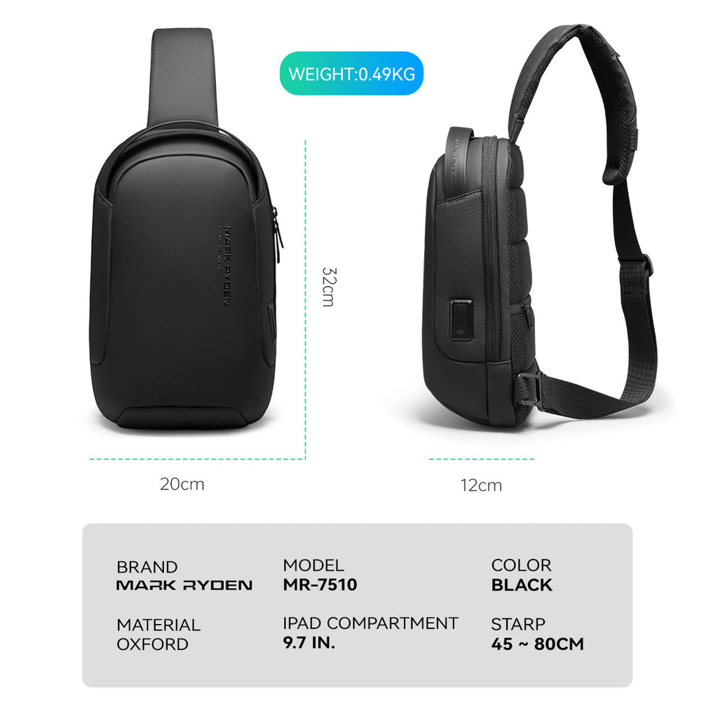 Torino black oxford multifunctional sling bag with USB port, adjustable shoulder strap, hidden pockets, secure design. Mark Ryden MR-7510, dimensions 20x32x12cm, weight 0.49kg, iPad compartment 9.7in.