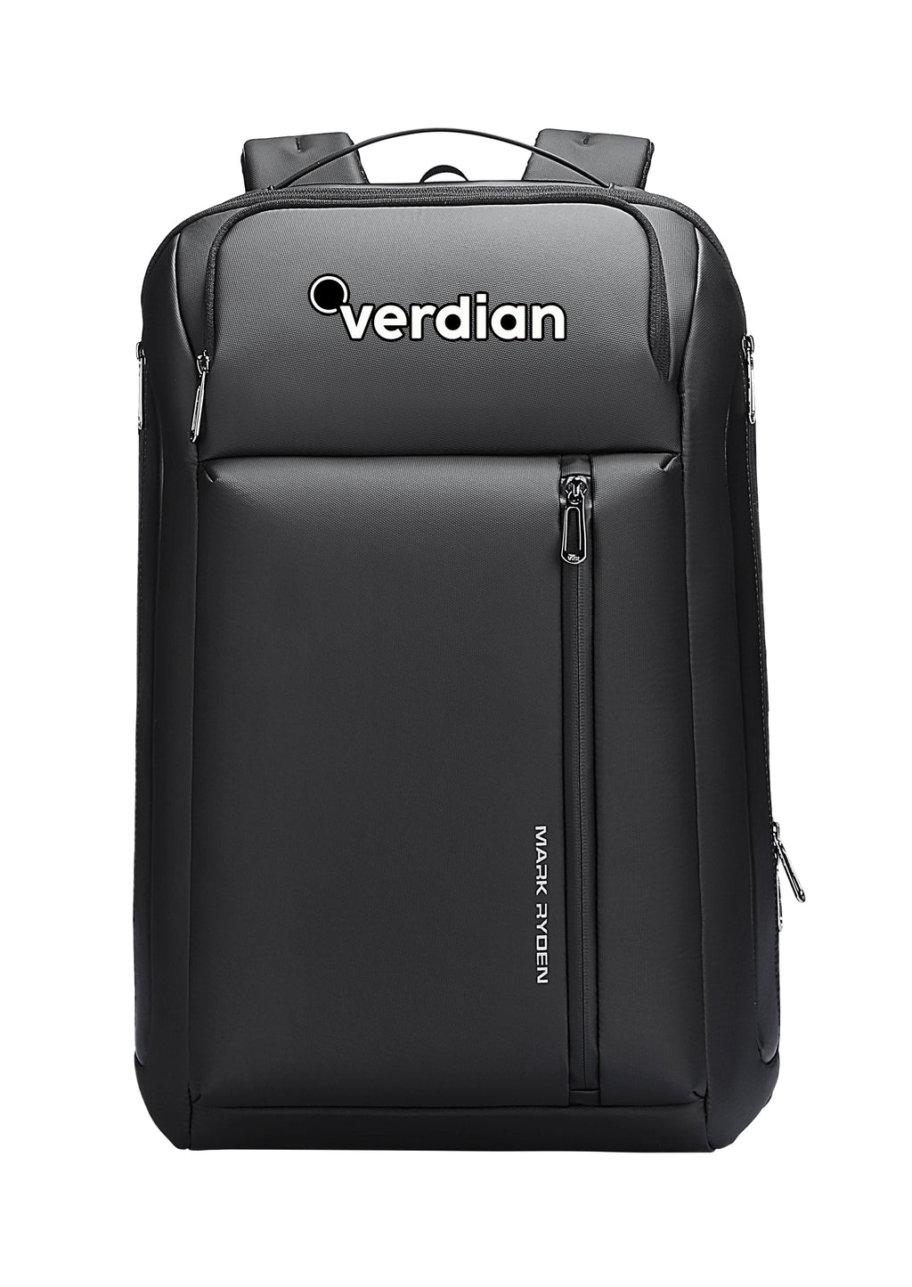 Black Mark Ryden custom backpack with verdian logo and zippered compartments