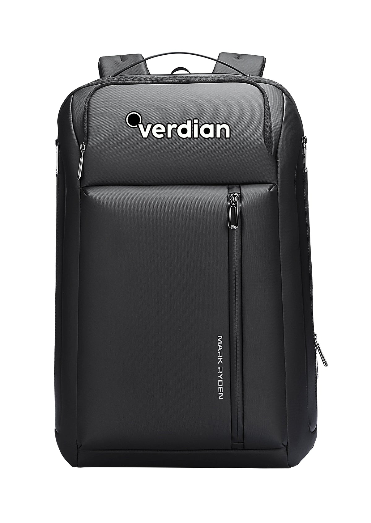Black Mark Ryden custom backpack with verdian logo and zippered compartments