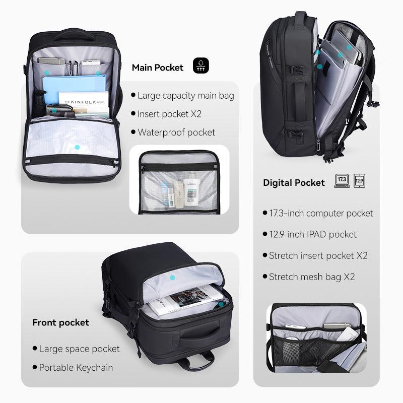 Infinitely Multi-functional Large Capacity Backpack in black with gray interior, featuring main pocket with insert pockets and waterproof pocket, digital pocket for 17.3-inch computer and 12.9-inch iPad, and front pocket with large space and portable keychain.