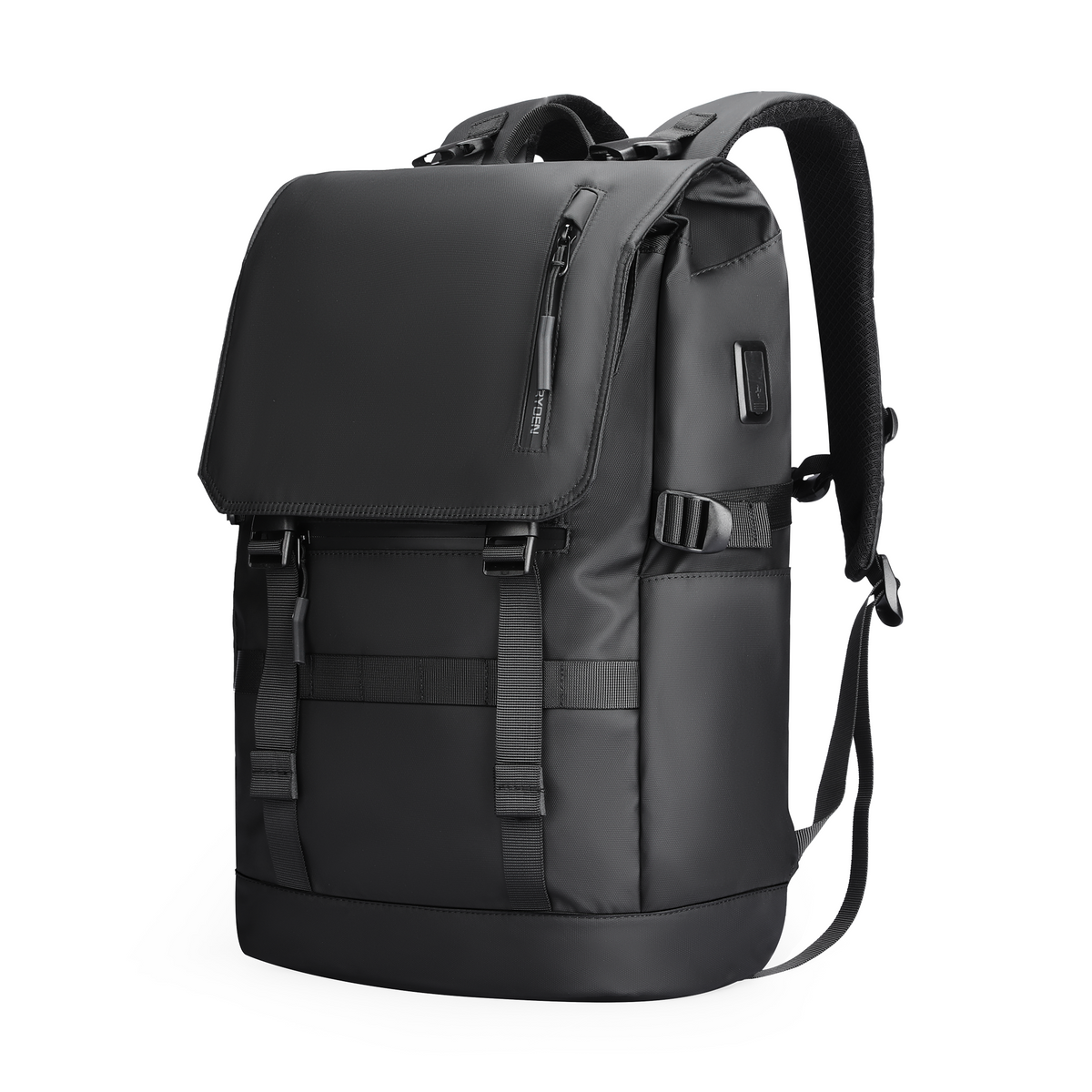 Mark Ryden Balo expandable multi-pocket multifunctional backpack in black with flap closure, zippered front pocket, adjustable straps, and USB port for modern travelers.