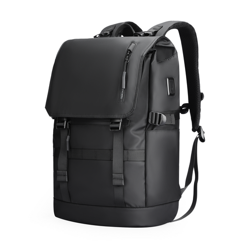 Mark Ryden Balo expandable multi-pocket multifunctional backpack in black with flap closure, zippered front pocket, adjustable straps, and USB port for modern travelers.