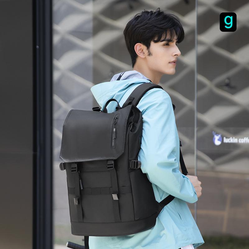 MarkRyden Global black expandable multifunctional backpack on model
