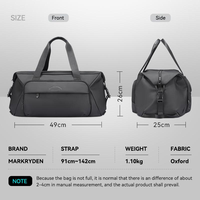 Dark gray JourneyFlex Mega Handbag by MARK RYDEN, Oxford fabric, front 49cm, side 25cm, height 26cm, strap 91-142cm, weight 1.10kg.