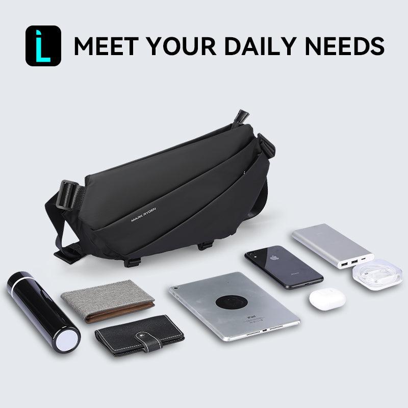 Mark Ryden Voyager leather messenger bag with umbrella pocket - daily needs shown