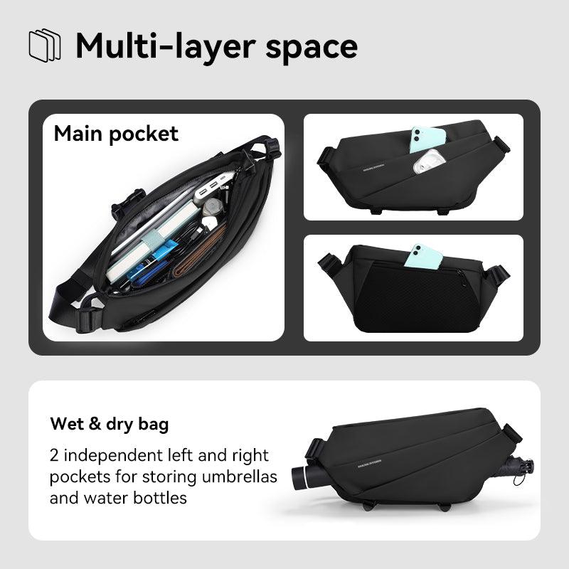 Black leather Voyager messenger bag with multi-layer compartments, main pocket holding laptop and phone, plus wet & dry section with umbrella pockets.