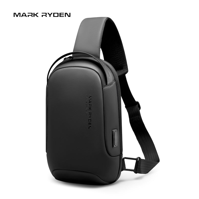 Black Mark Ryden Torino multifunctional sling bag with USB port, adjustable shoulder strap, hidden pockets, and secure design.