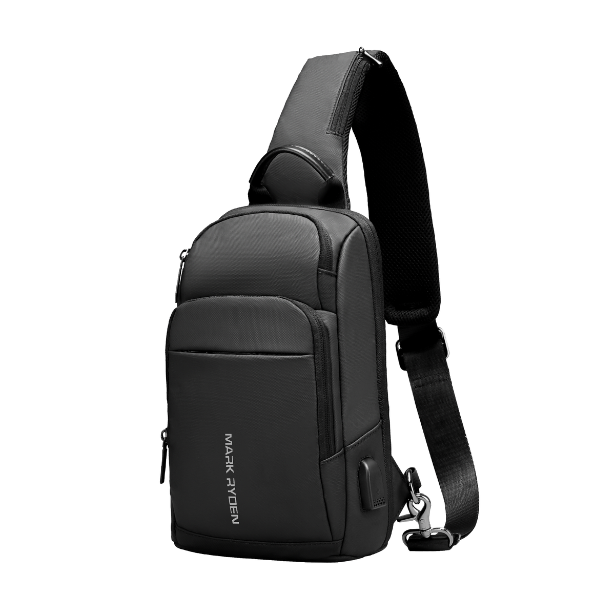 Mark Ryden Global black minimalist tablet sling bag with multi-layer compartments