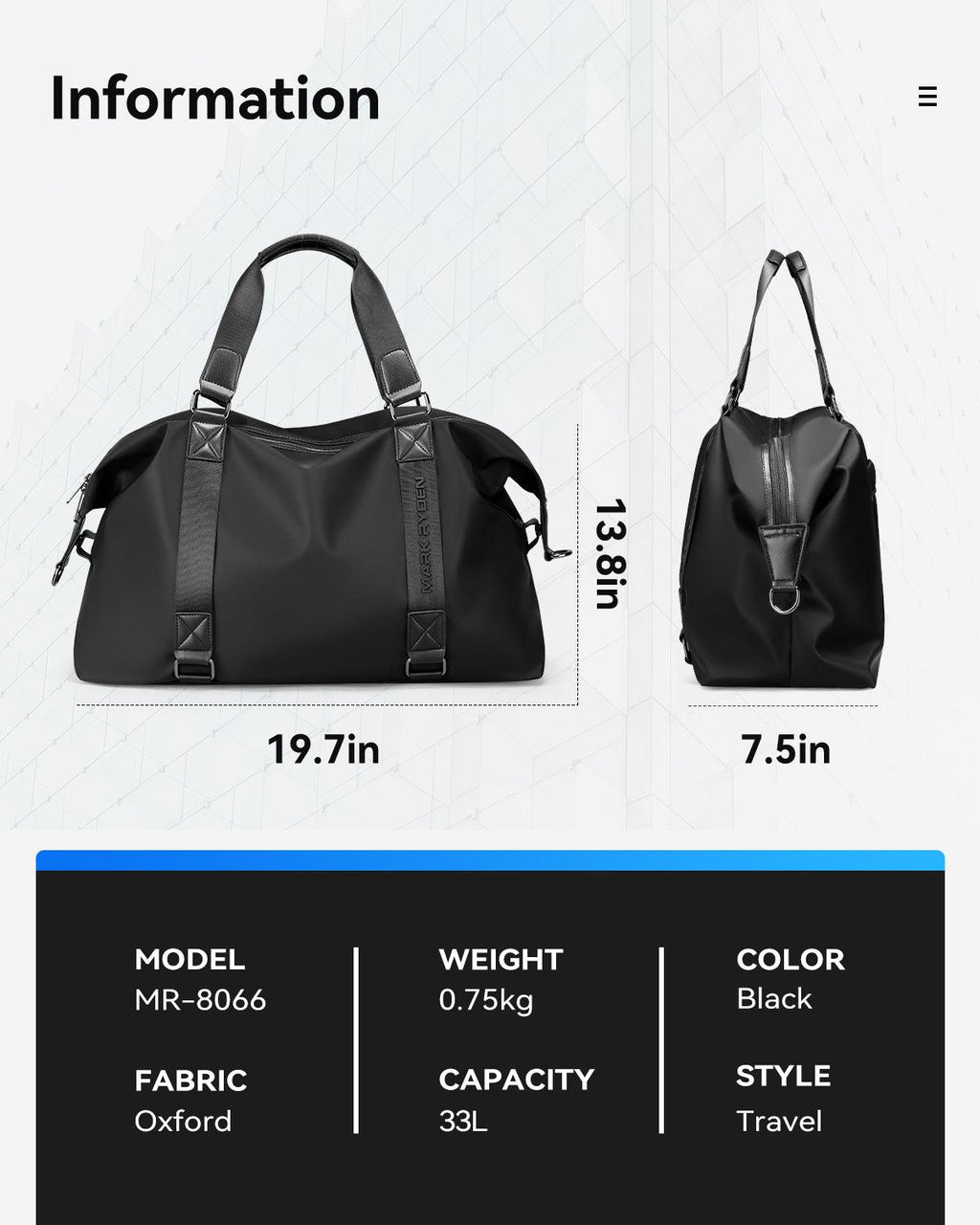 Mark Ryden Global lightweight black duffel bag - 33L capacity, Oxford fabric, travel style