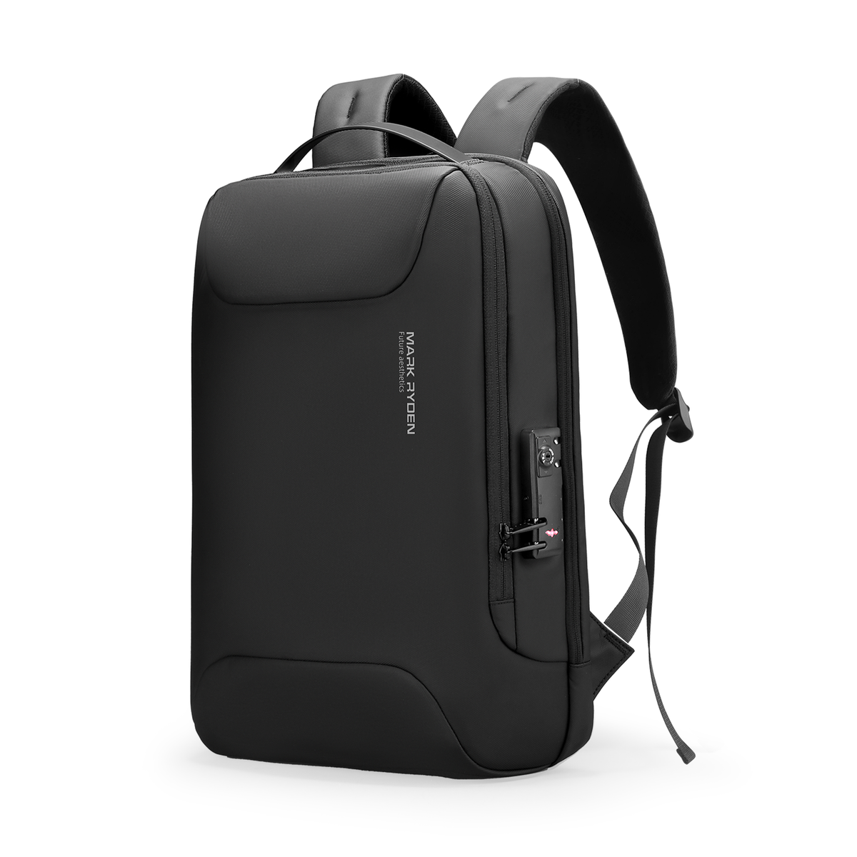 Black Compilo anti-theft laptop backpack by Mark Ryden, featuring oxford material, secure side lock, and USB port for modern travelers.