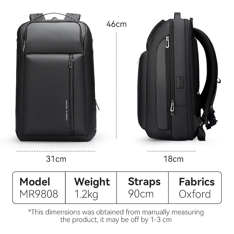 Mark Ryden Global black expandable Oxford waterproof backpack MR9808 dimensions