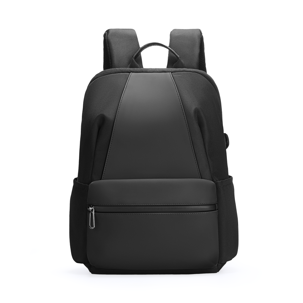 Black water-repellent backpack with organized compartments by Mark Ryden Global