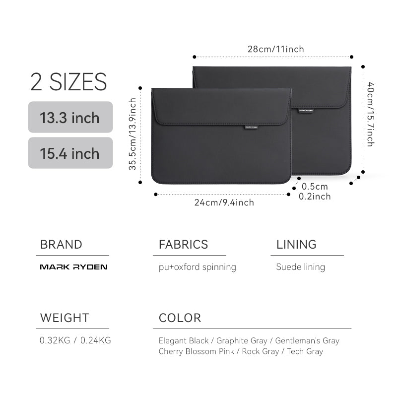 two black Mark Ryden laptop bags in 13.3 and 15.4 inch sizes, made with pu+oxford spinning fabric and suede lining, featuring modern slim design with labeled dimensions