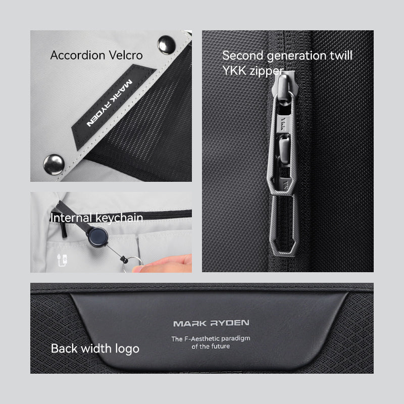 Mark Ryden backpack: accordion velcro, YKK zipper, internal keychain, back width logo