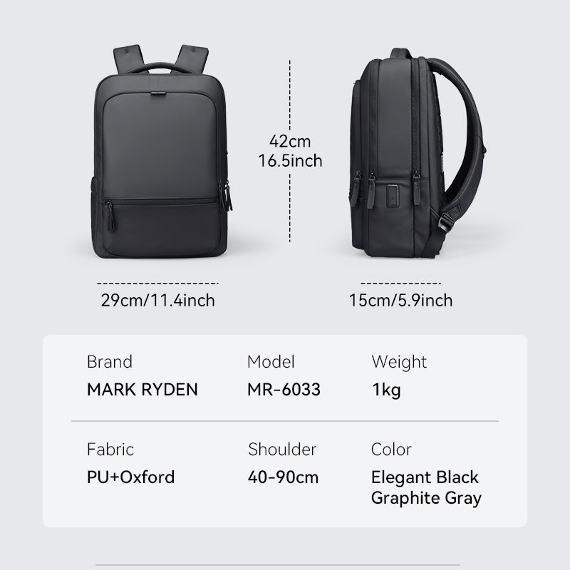 Front and side views of Mark Ryden ChargeFlex smart backpack in Elegant Black and Graphite Gray, made of PU+Oxford fabric, with dimensions 29cm x 42cm x 15cm, designed for modern travelers.