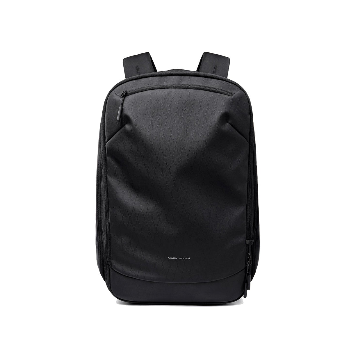 Black MARK RYDEN Globalist expandable 3-in-1 tech travel backpack with diamond quilted texture, front zip pocket, and side compartments for modern travelers.