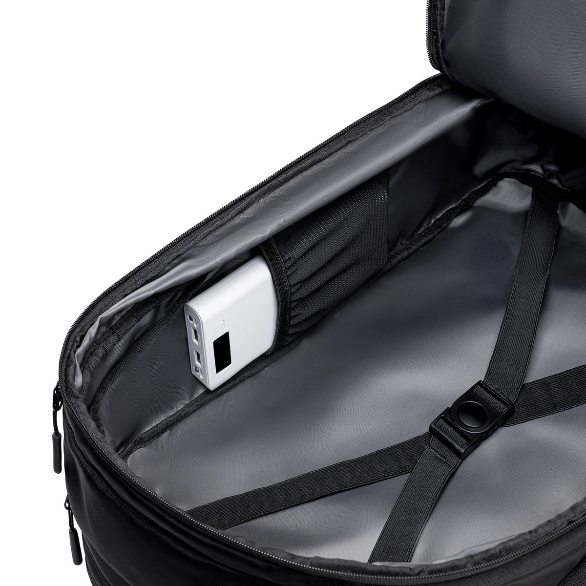 MARK RYDEN Globalist black travel backpack interior with tech compartment