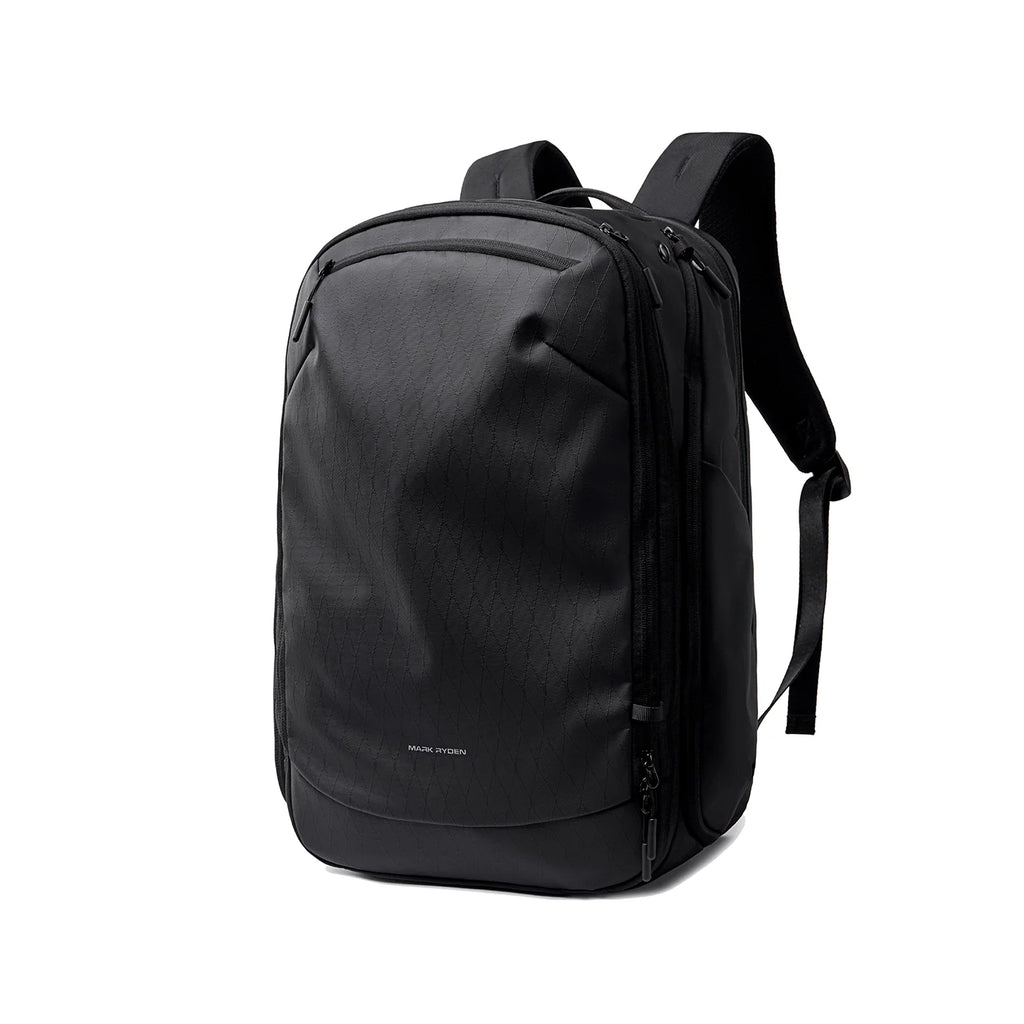 Mark Ryden Globalist black expandable 3-in-1 tech travel backpack with clamshell opening and luggage strap