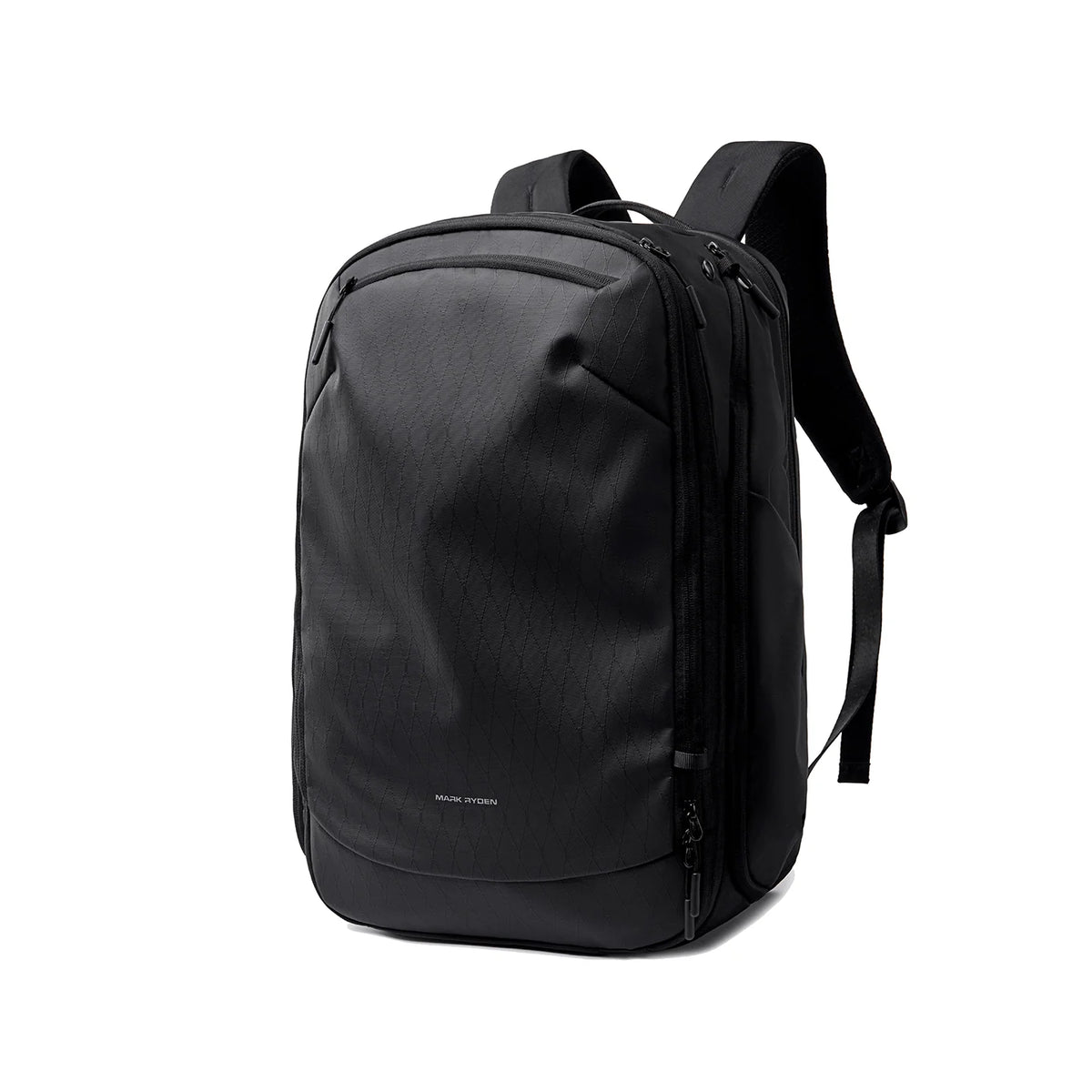 Mark Ryden Globalist black expandable 3-in-1 tech travel backpack with clamshell opening and luggage strap