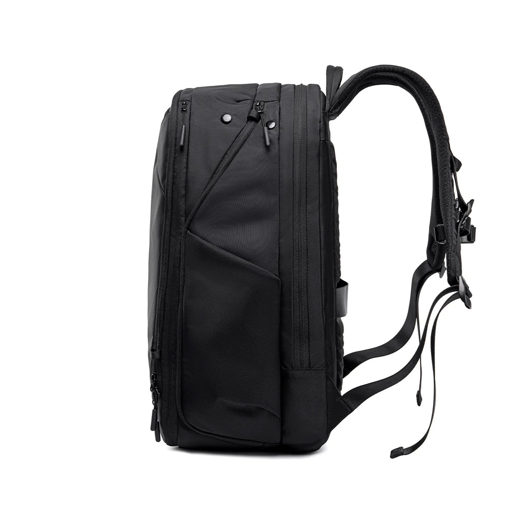 Black Globalist expandable 3-in-1 tech travel backpack featuring multiple zippered compartments, padded shoulder straps, and structured design for organized travel.