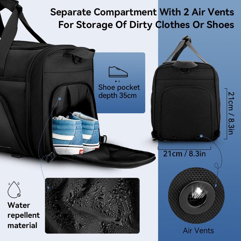 Deformable black large-capacity travel gym handbag with separate shoe compartment (35cm depth), 2 air vents, and water repellent material