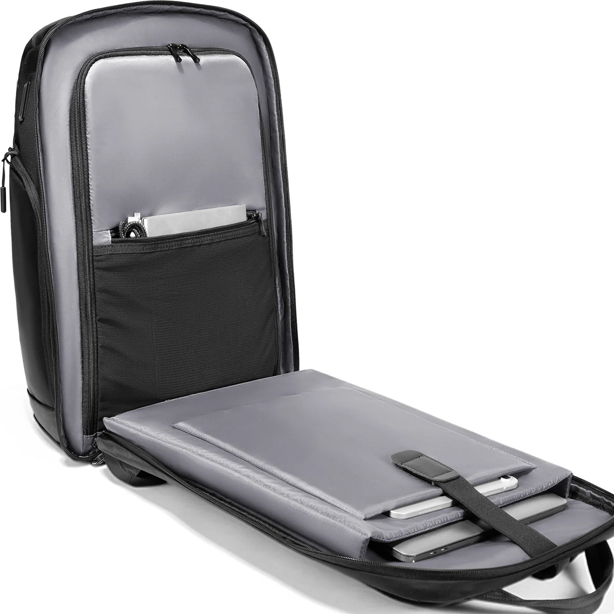 Vanguard splash-proof black-gray commuter backpack with USB port, organized interior