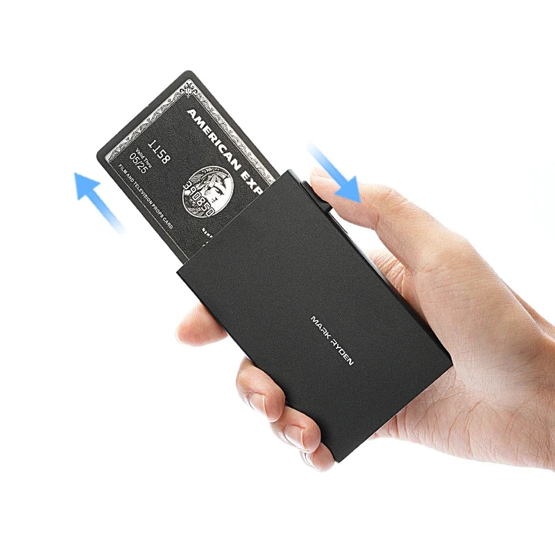 Mark Ryden black metal card holder with AMEX card anti-theft protection
