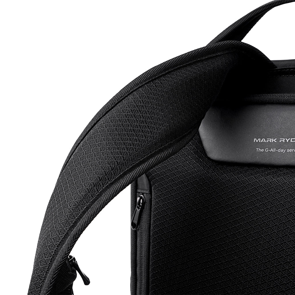 Mark Ryden MorphCore backpack - black padded strap with brand logo, anti-theft design