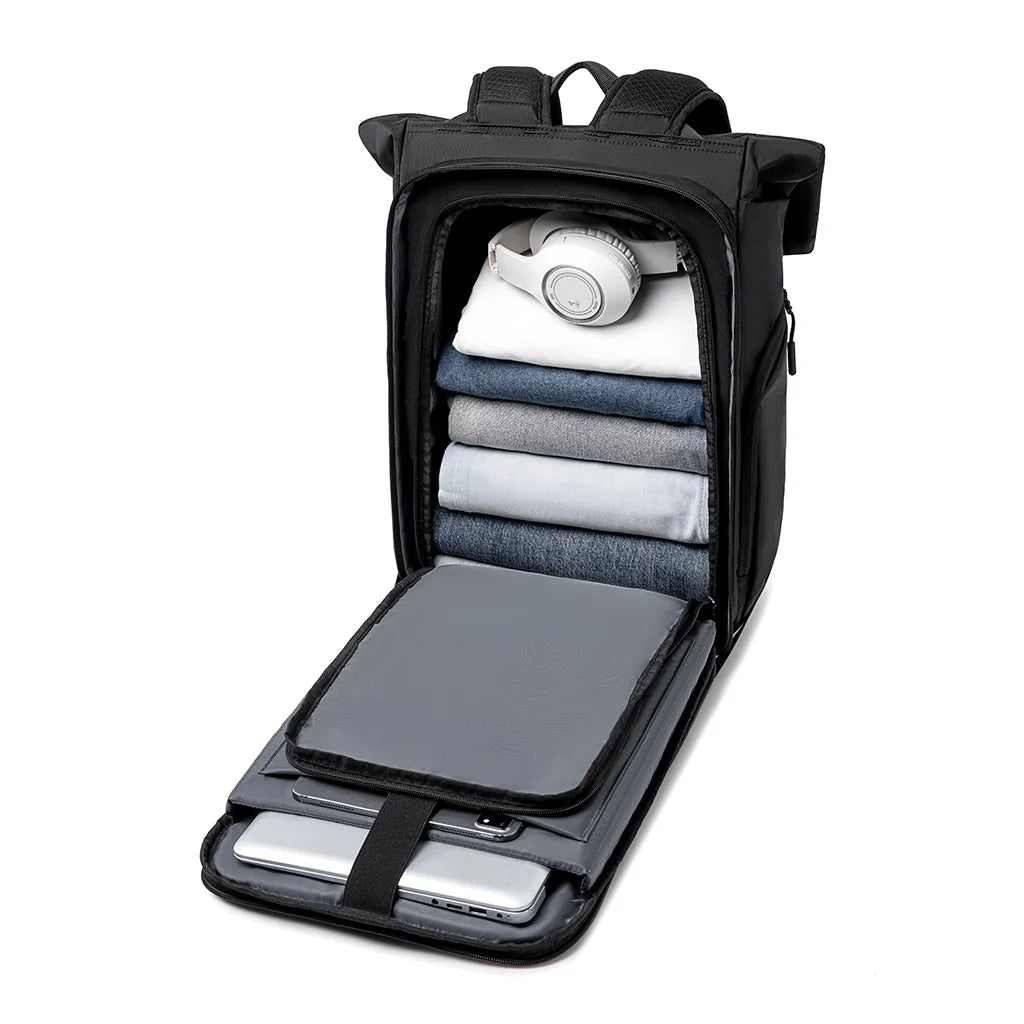 Mark Ryden Global's MorphCore expandable travel backpack with organized travel items