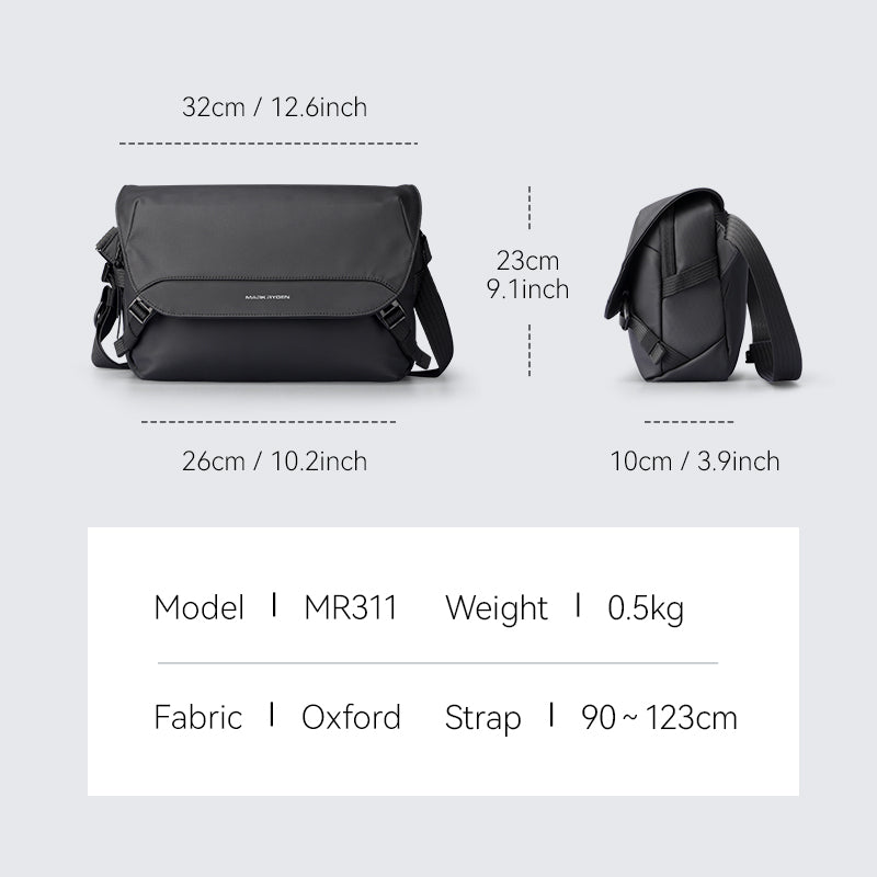 Black GameFlow Waterproof Switch Sling Bag for Urban Gamers, Oxford fabric, model MR311, 0.5kg weight, dimensions 32x26x23cm, adjustable strap 90-123cm.