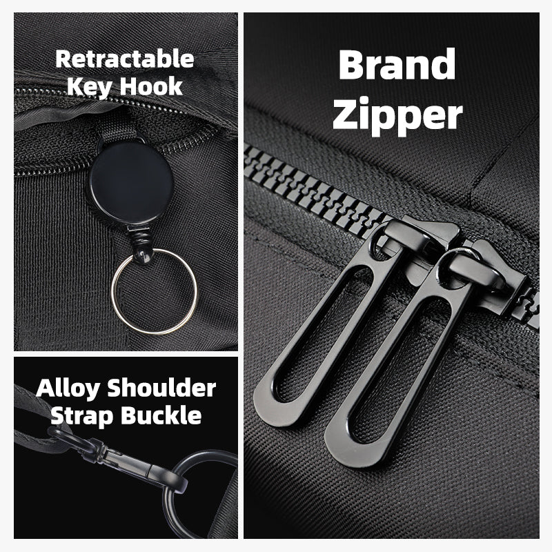 BreezePack backpack with retractable key hook, brand zipper, and alloy buckle
